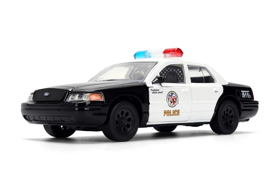 Ford Crown Victoria Police Jada 1:32 blanco y negro con torreta roja y azul, puertas abatibles y llantas de goma