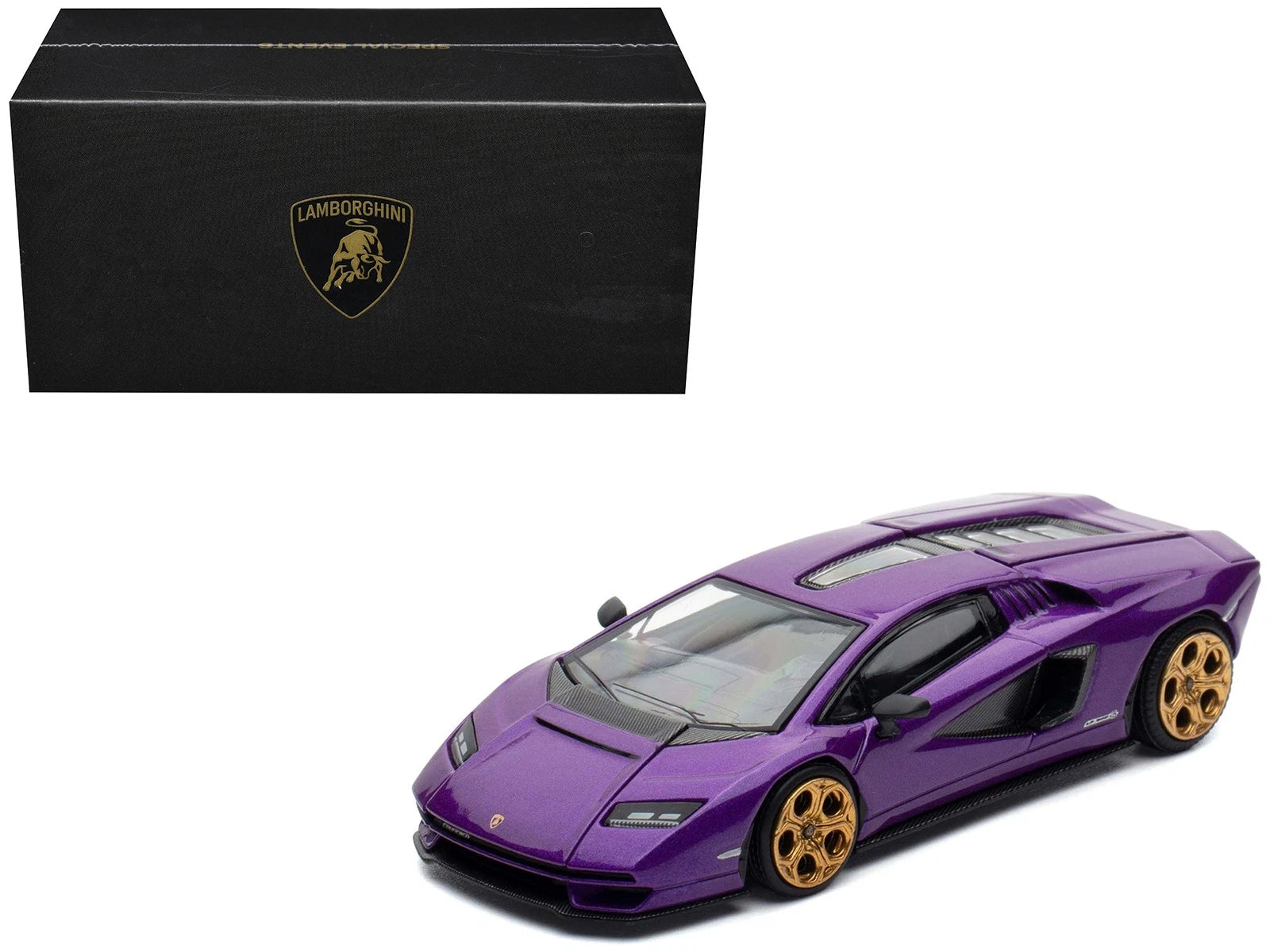 Pop Race Lamborghini Countach LPI 800-4 1:64 Viola Pasifae, rines dorados y apertura de compartimentos delantero y trasero.