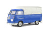 Volkswagen T1 Service 1950 Solido escala 1:18 azul con lona blanca, puertas abatibles, llantas de goma e interior detallado.
