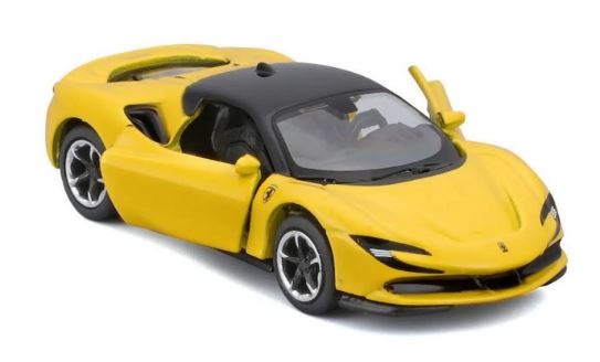 Maisto Ferrari SF90 Stradale 1:64 amarillo con techo negro, puertas abatibles, llantas de goma y rines deportivos.