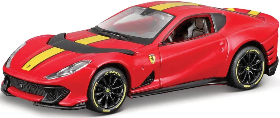 Maisto Ferrari 812 Competizione Speed Icons 1:64 rojo con franjas, cofre y puertas abatibles, llantas de goma y suspensión.