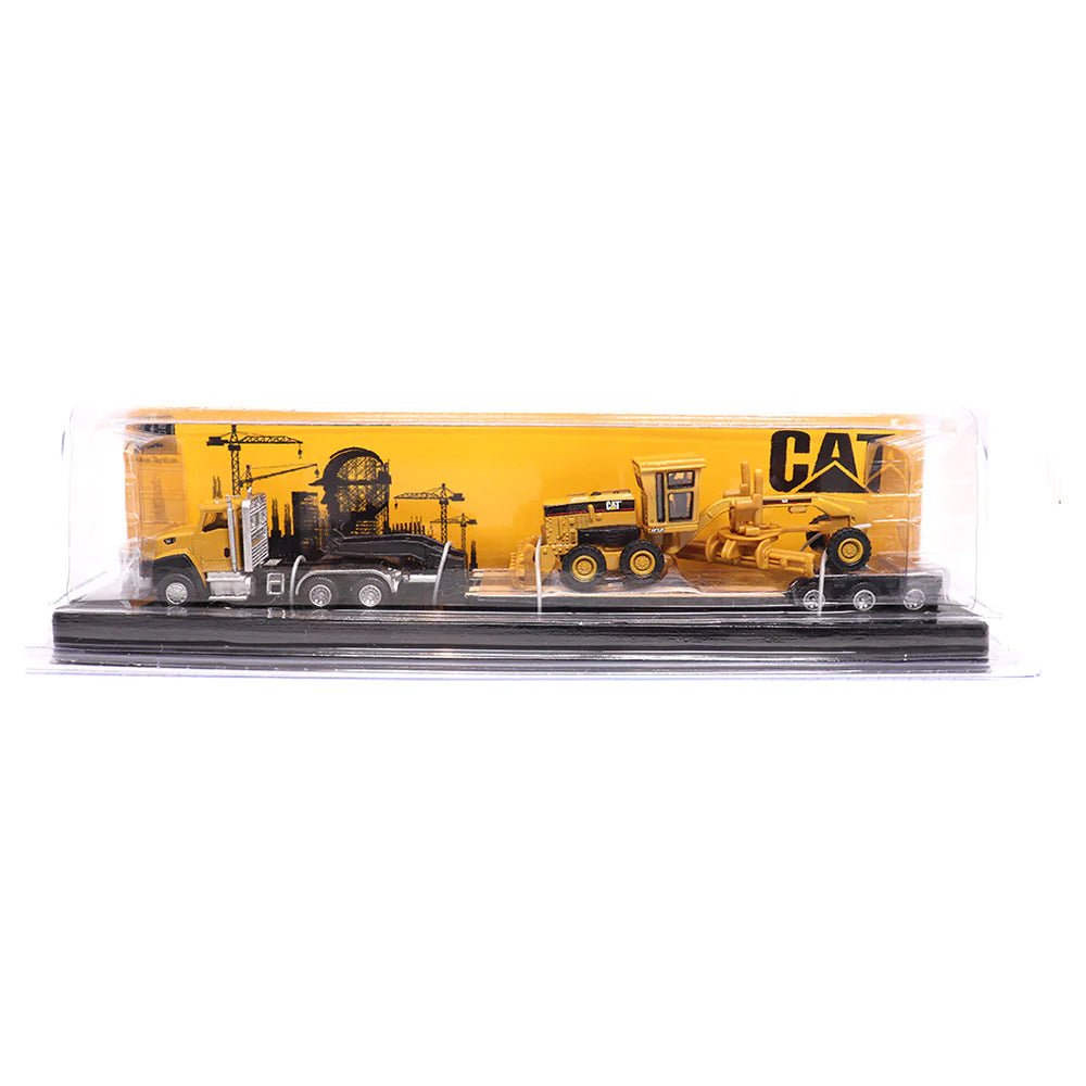 Tractor con remolque CAT Lowboy y motoniveladora a escala 1:87 - Chido Toys