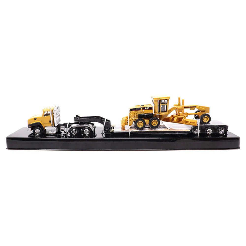 Tractor con remolque CAT Lowboy y motoniveladora a escala 1:87 - Chido Toys