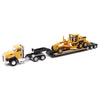 Tractor con remolque CAT Lowboy y motoniveladora a escala 1:87 - Chido Toys