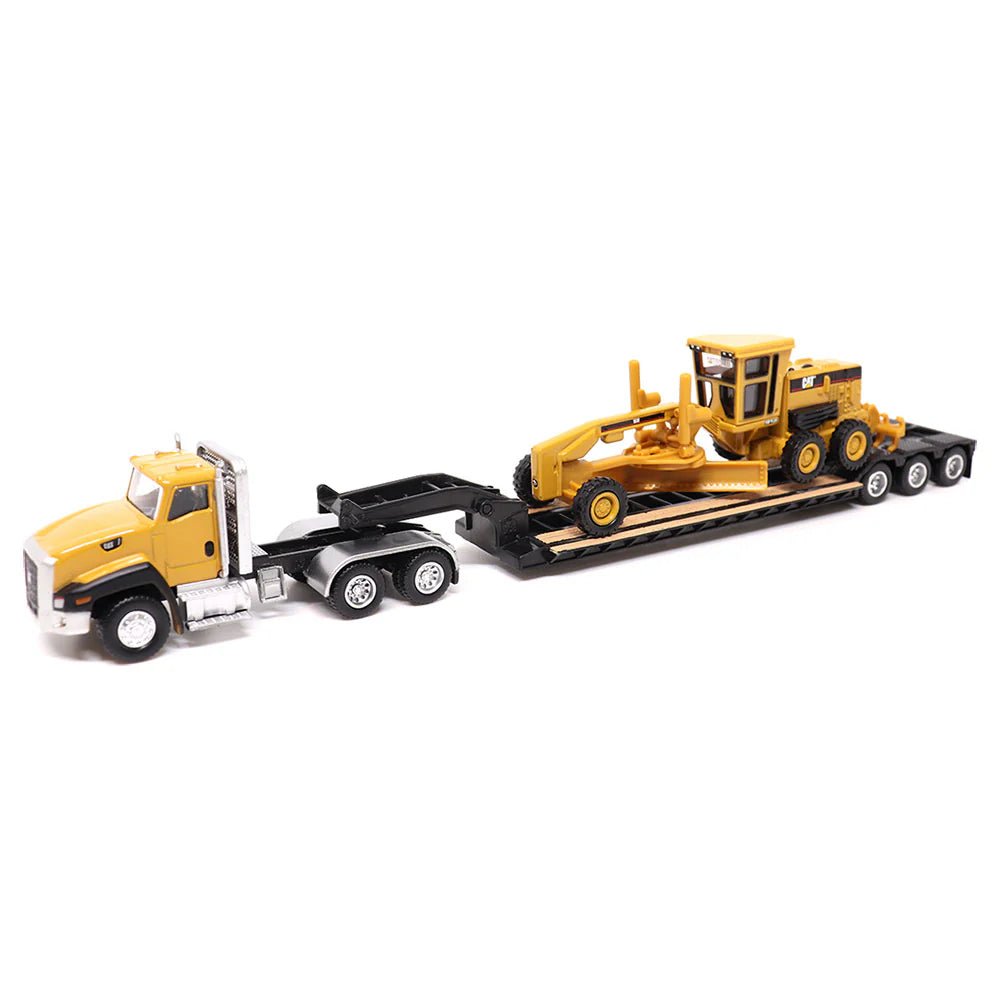 Tractor con remolque CAT Lowboy y motoniveladora a escala 1:87 - Chido Toys