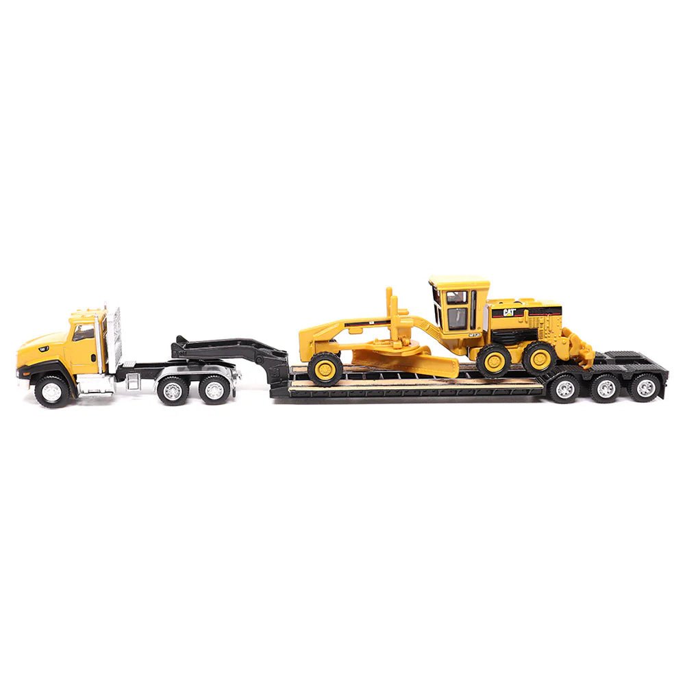 Tractor con remolque CAT Lowboy y motoniveladora a escala 1:87 - Chido Toys