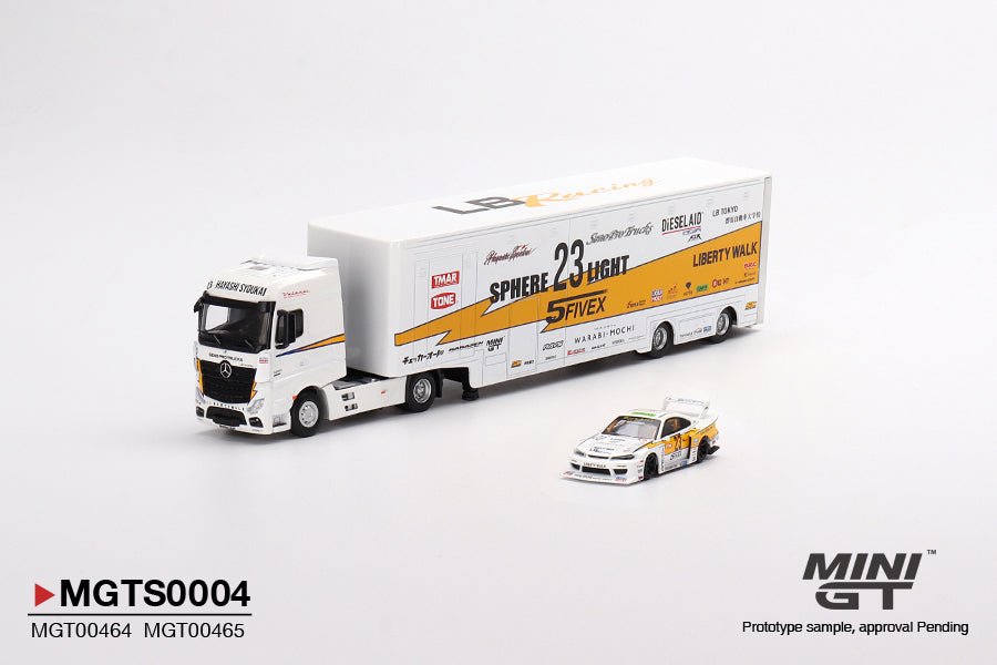 Trailer a escala marca MINI GT LB Racing Transporte Mercedes Benz Actros Con Nissan S15 Silvia - Chido Toys