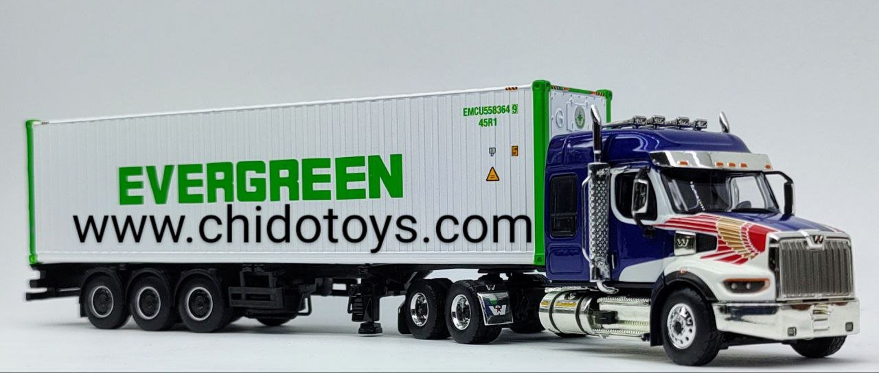 Trailer a escala marca Mini GT, Modelo Western Star 49X con contenedor refrigerado de 40′ Modelo "EVERGREEN" - Chido Toys