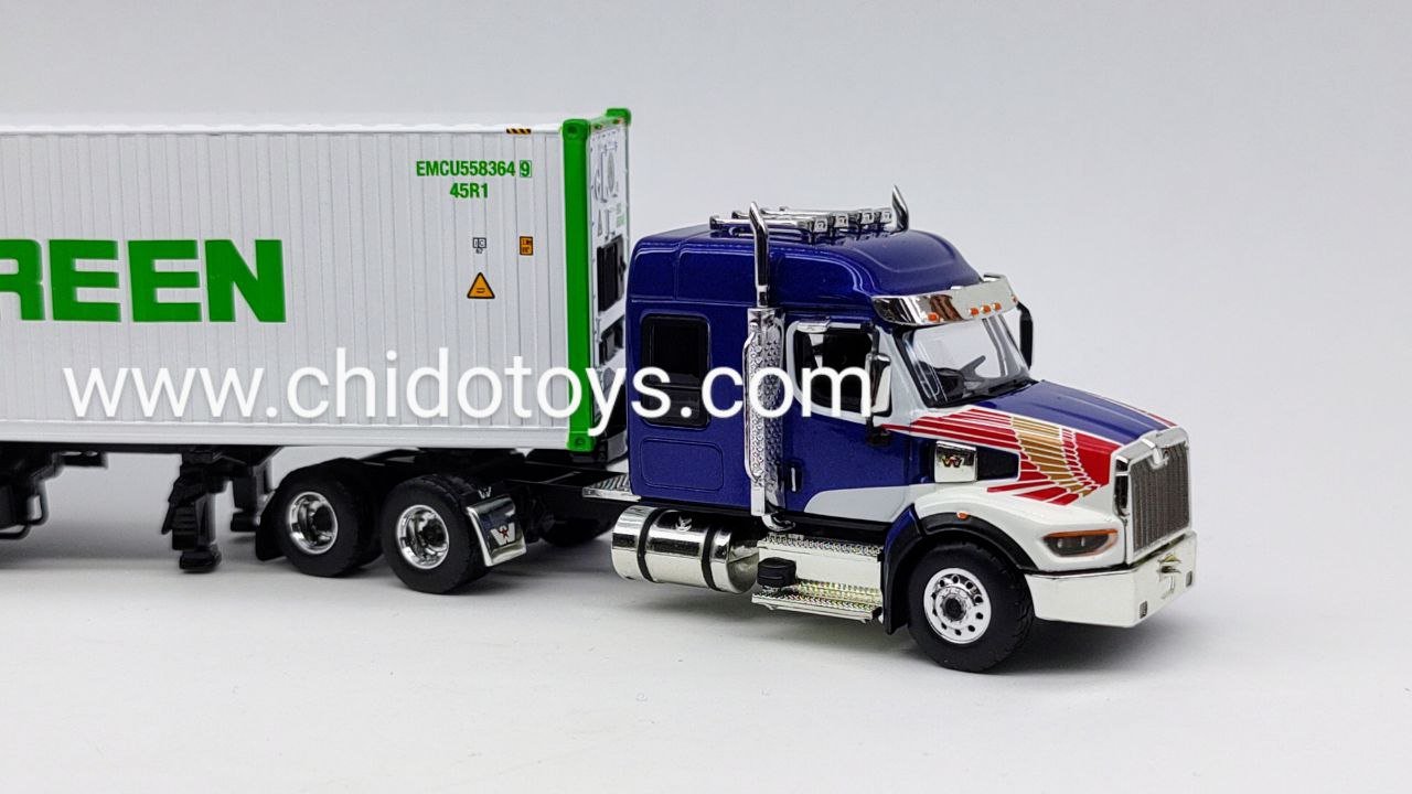 Trailer a escala marca Mini GT, Modelo Western Star 49X con contenedor refrigerado de 40′ Modelo "EVERGREEN" - Chido Toys