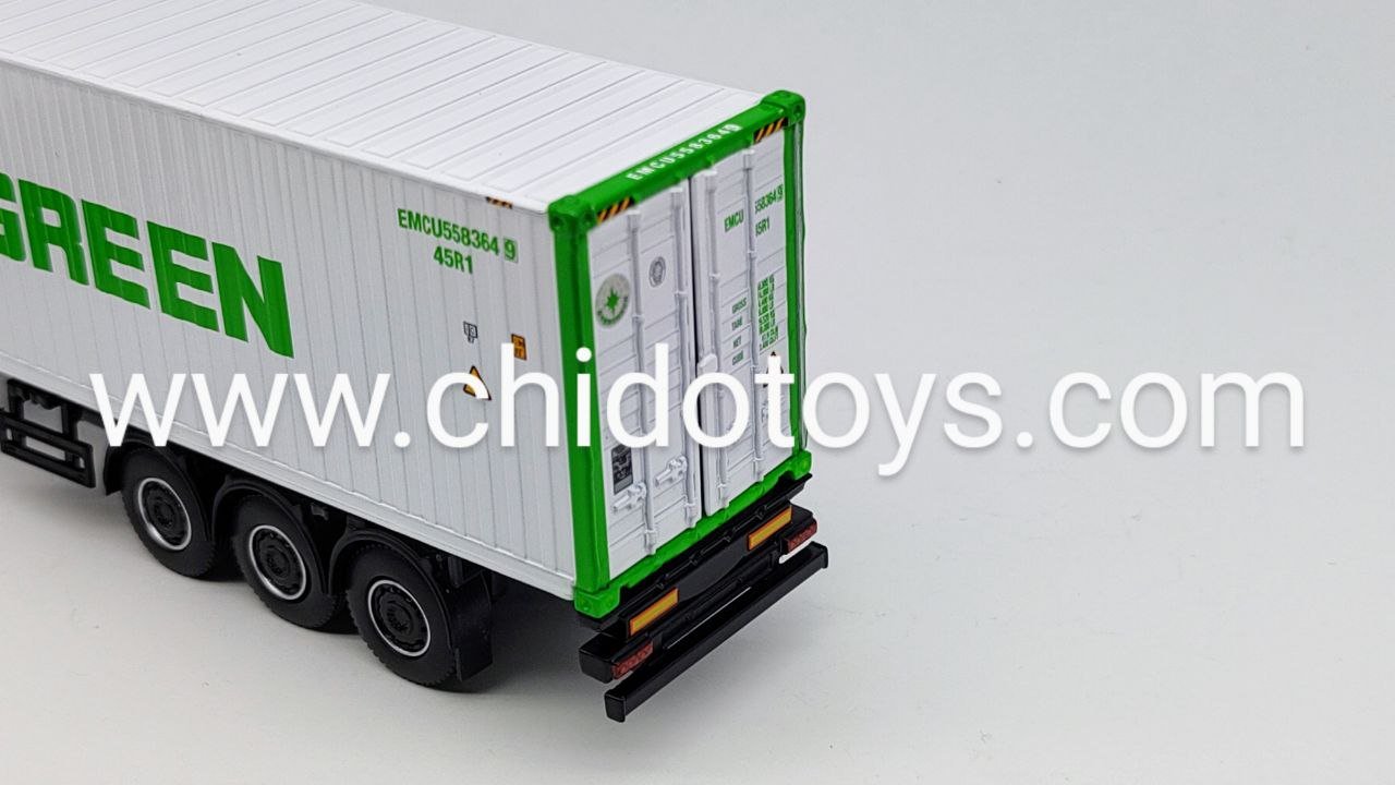 Trailer a escala marca Mini GT, Modelo Western Star 49X con contenedor refrigerado de 40′ Modelo "EVERGREEN" - Chido Toys