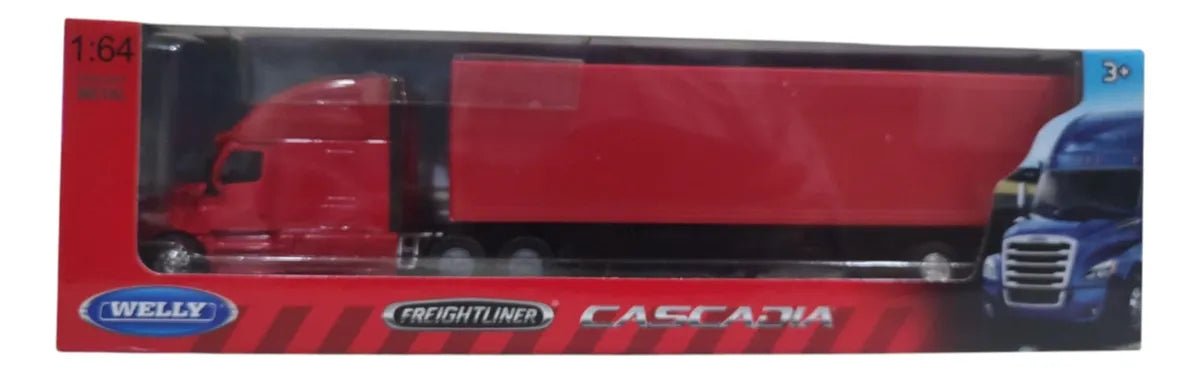 Trailer Freightliner Cascadia Rojo con caja seca – Welly 1:64 | Metal, llantas de goma, puertas funcionales - Chido Toys