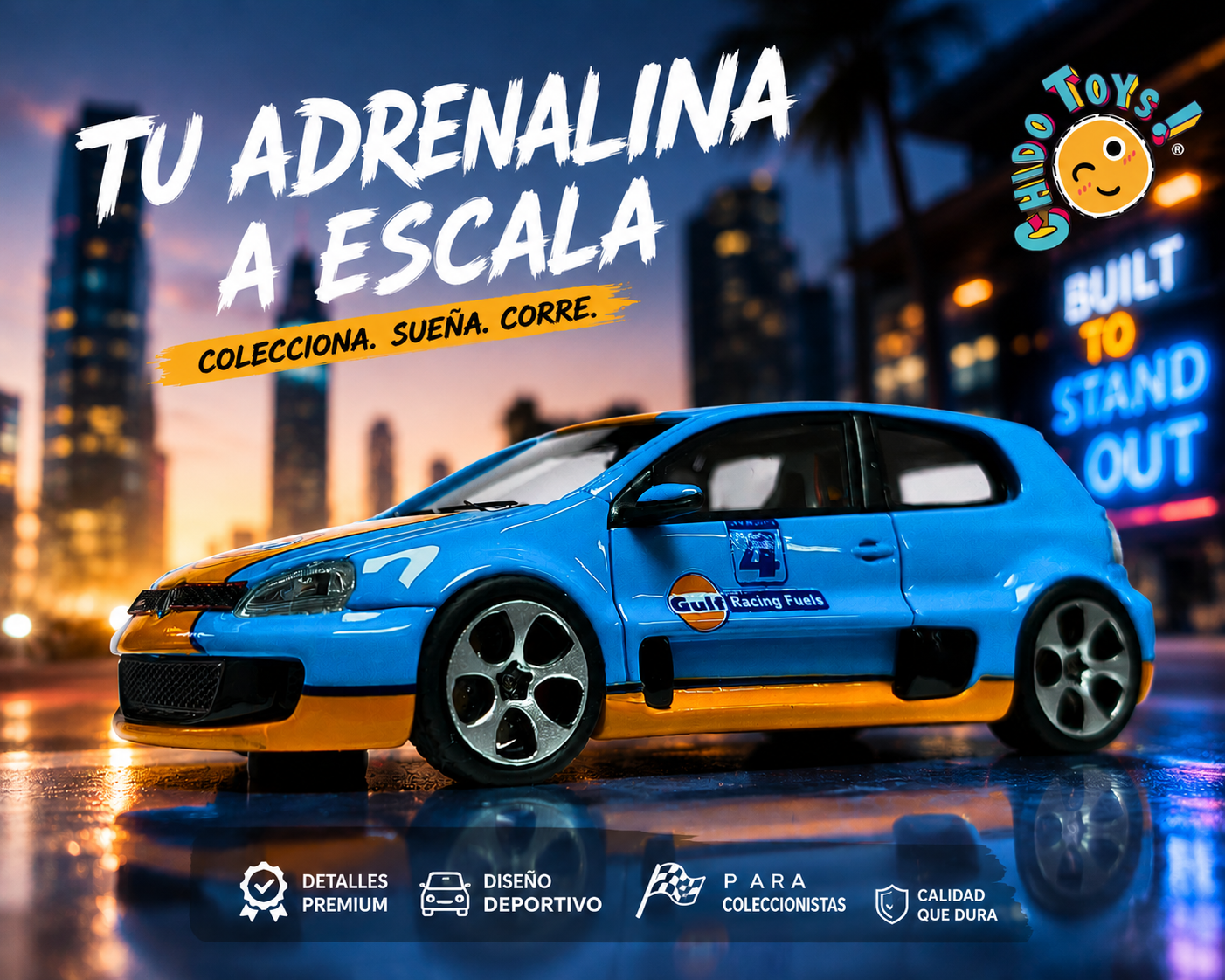 Volkswagen Golf GTI Gulf Racing 1:64 con Capelo Acrílico y Llantas de Goma - Chido Toys