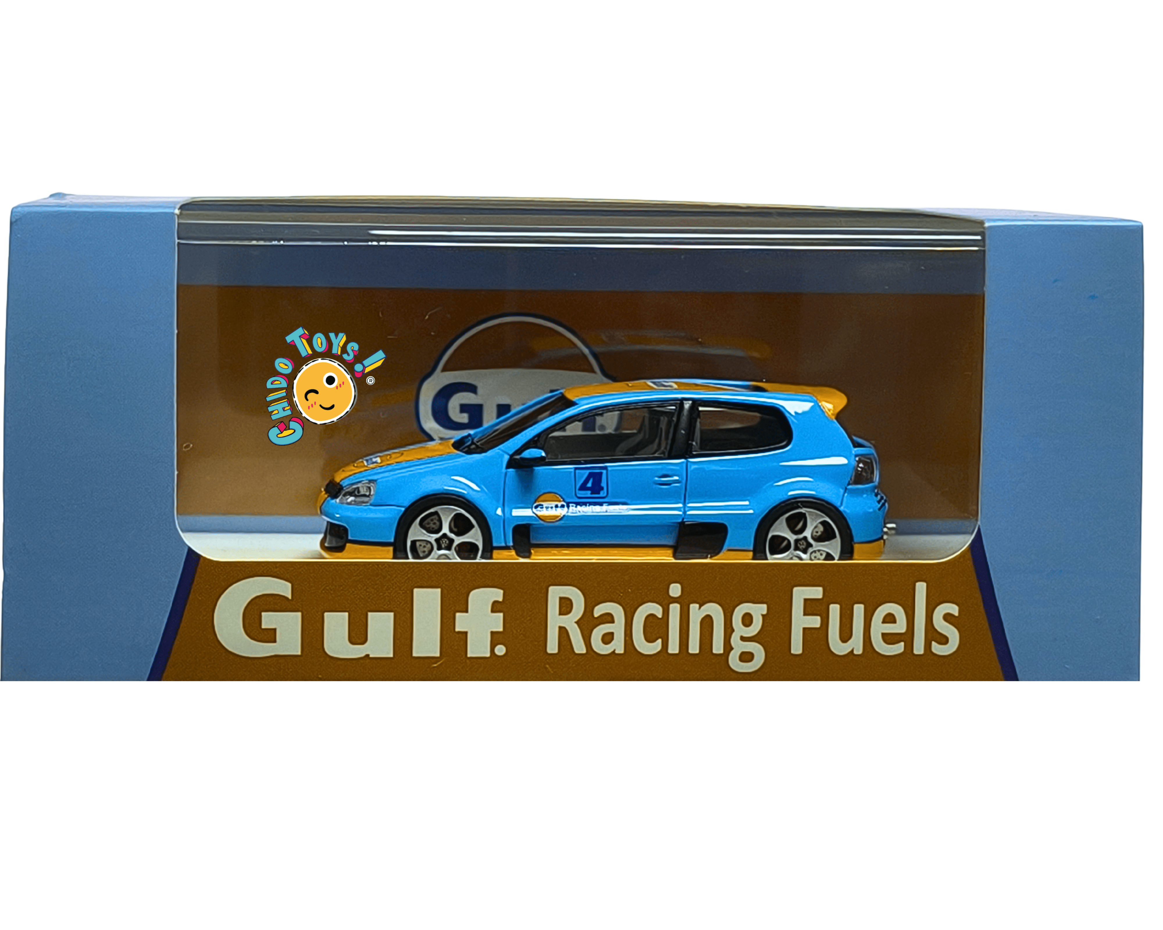 Volkswagen Golf GTI Gulf Racing 1:64 con Capelo Acrílico y Llantas de Goma - Chido Toys
