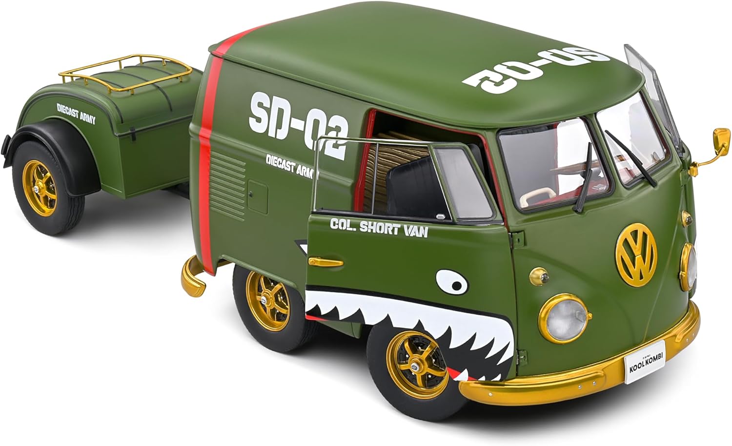 Volkswagen T1 Panel Van "Kool Kombi Diecast Army" con Remolque | Sólido 1:18 - Chido Toys
