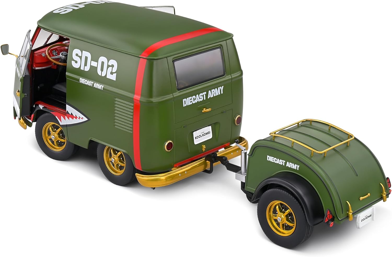 Volkswagen T1 Panel Van "Kool Kombi Diecast Army" con Remolque | Sólido 1:18 - Chido Toys