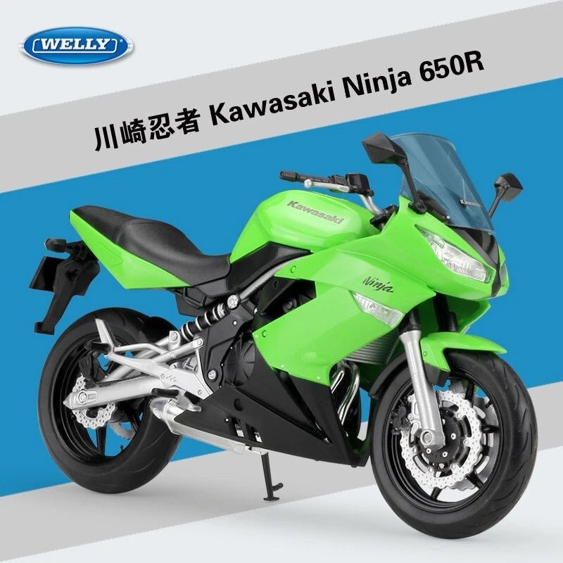 Welly Kawasaki Ninja 650R 1:10 verde con suspensión trasera - Chido Toys