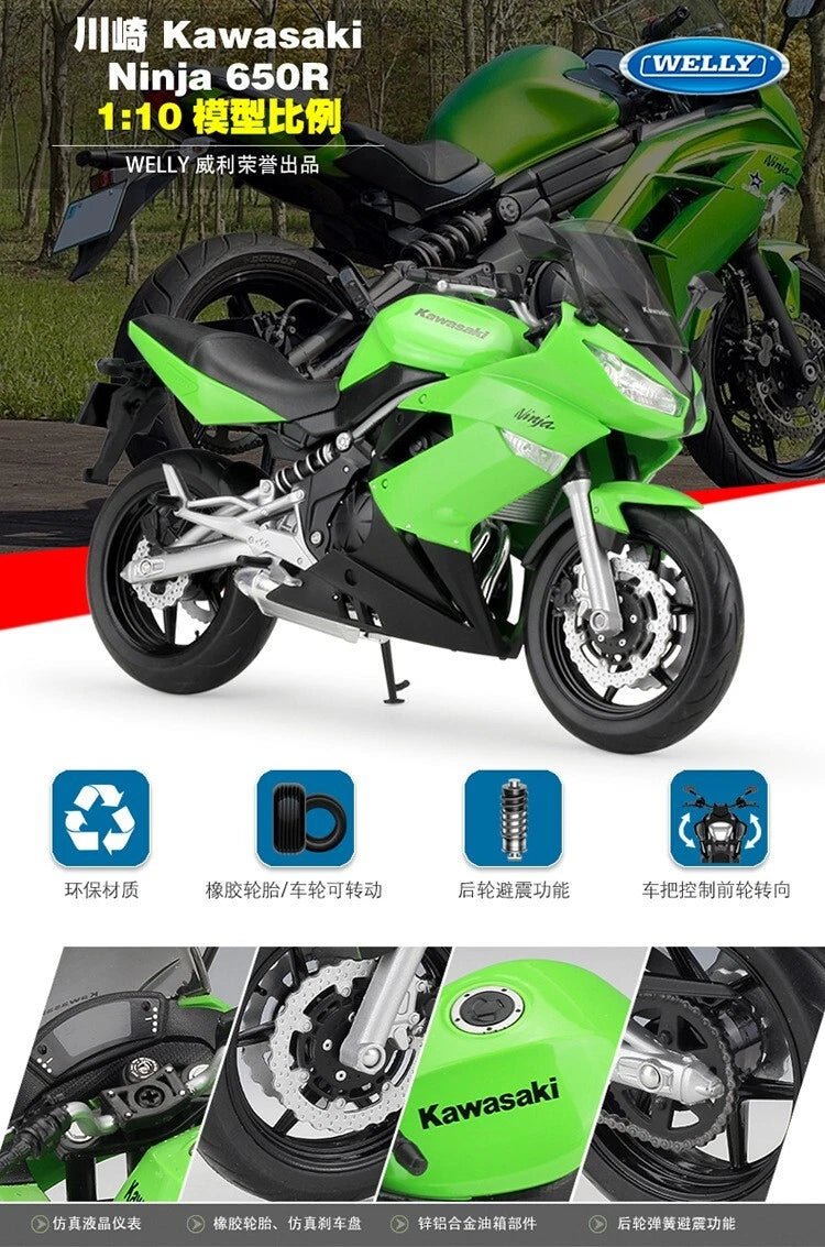 Welly Kawasaki Ninja 650R 1:10 verde con suspensión trasera - Chido Toys