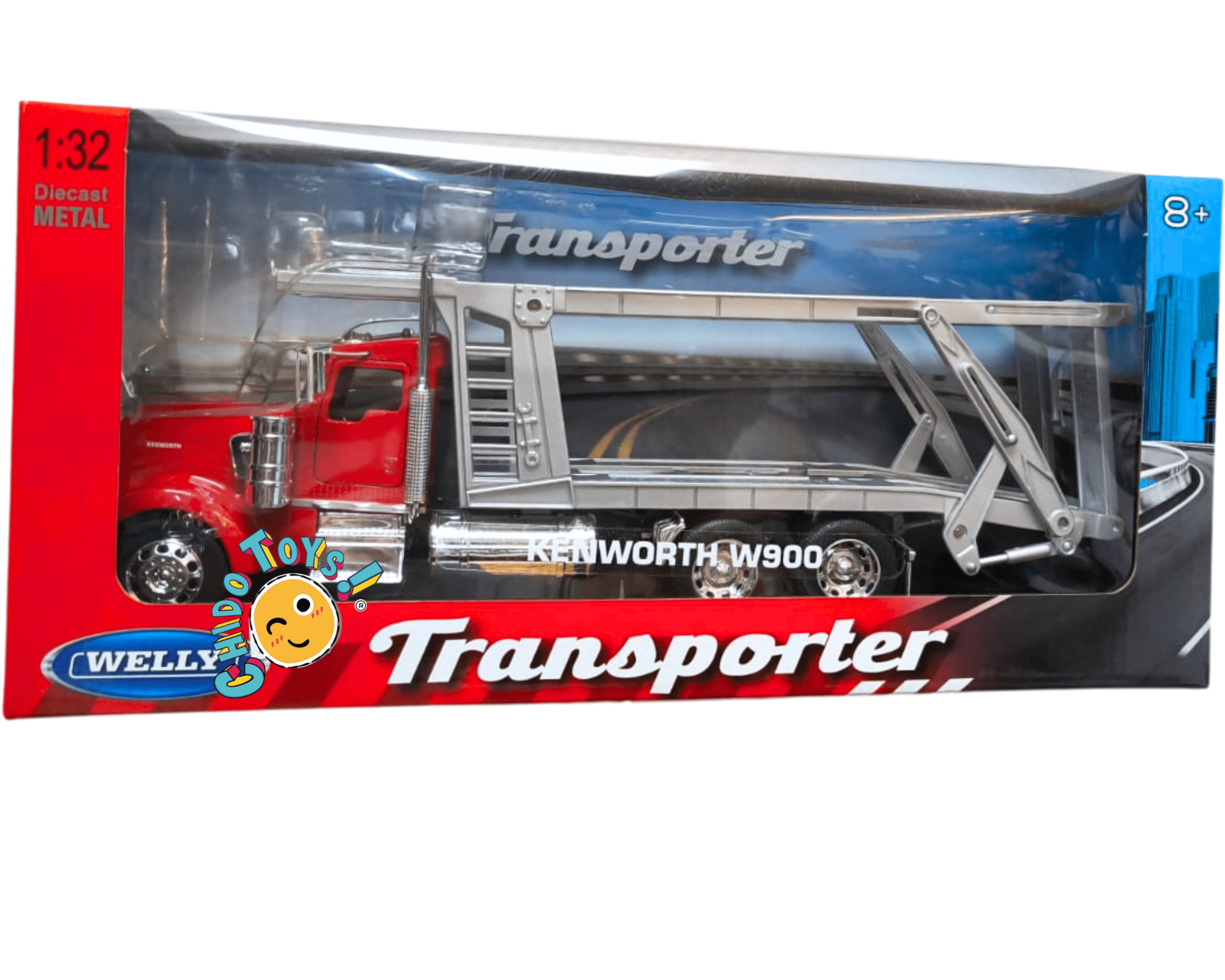 Welly Kenworth W900 Transporter 1:32 nodriza roja con rampa móvil - Chido Toys