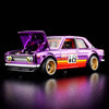 Hot Wheels RLC Datsun 510 1:64 Spectraflame Purple, rines dorados Real Riders y cofre abatible con motor detallado.