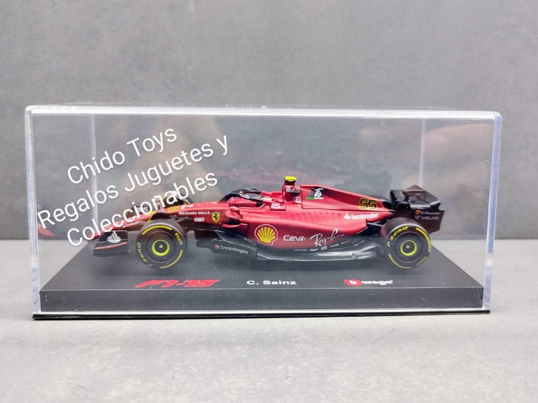 Auto a escala marca Bburago; Modelo Ferrari Racing F1-75 2022 #55 C. Sainz Con Piloto