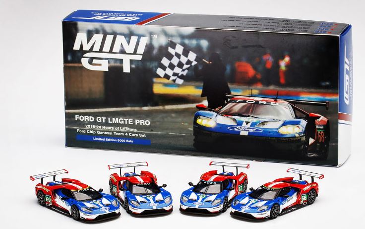 Auto a escala marca Mini GT, Modelo Ford GT Ganassi Team 4 Cars Set