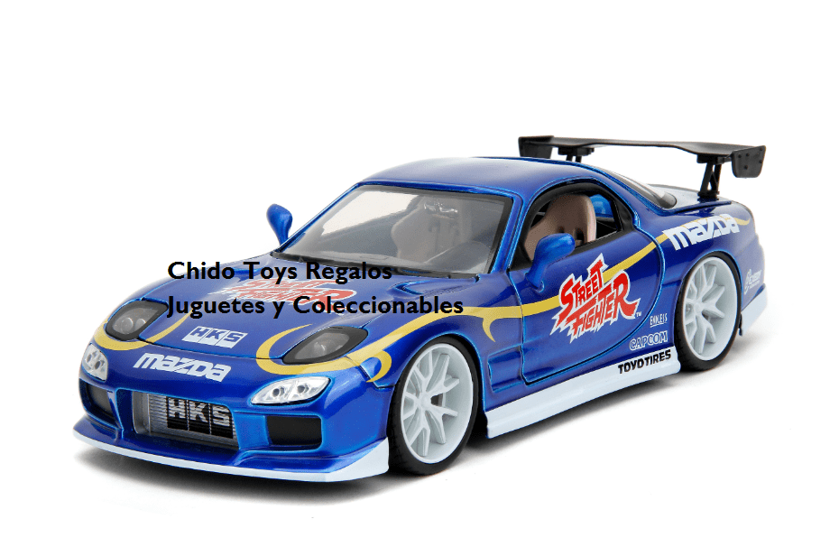 Auto a escala marca Jada, Modelo Street Fighter Chun - Li & 1993 Mazda RX - 7 (Azul caramelo) - Chido Toys