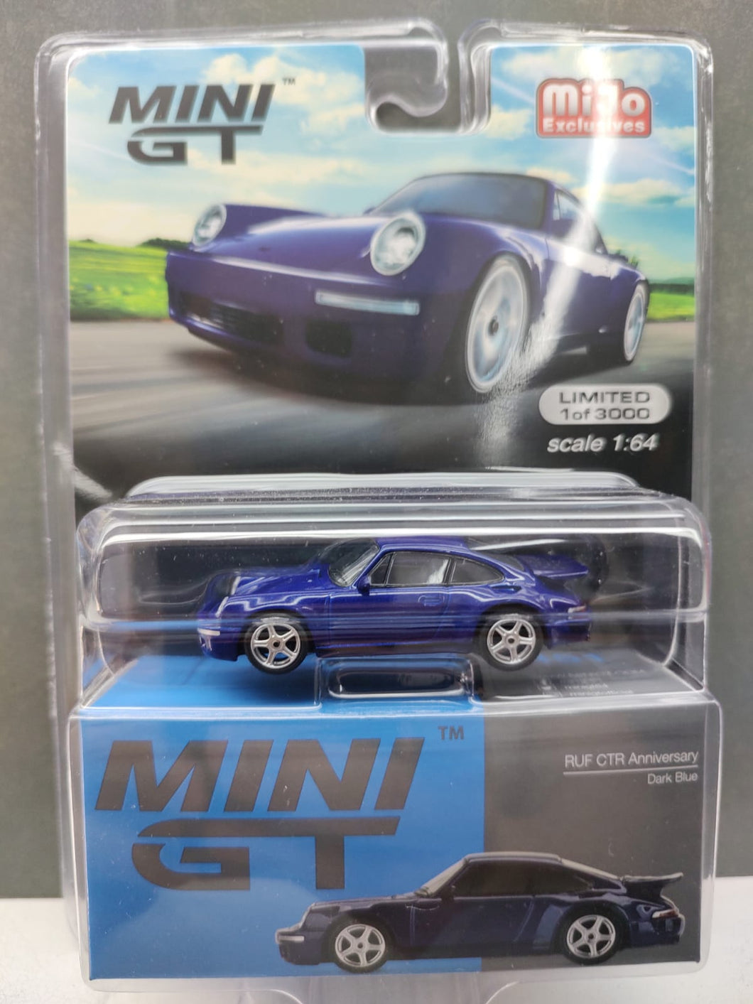 Auto a esala marca Mini GT Modelo RUF CTR Aniversario Azul oscuro