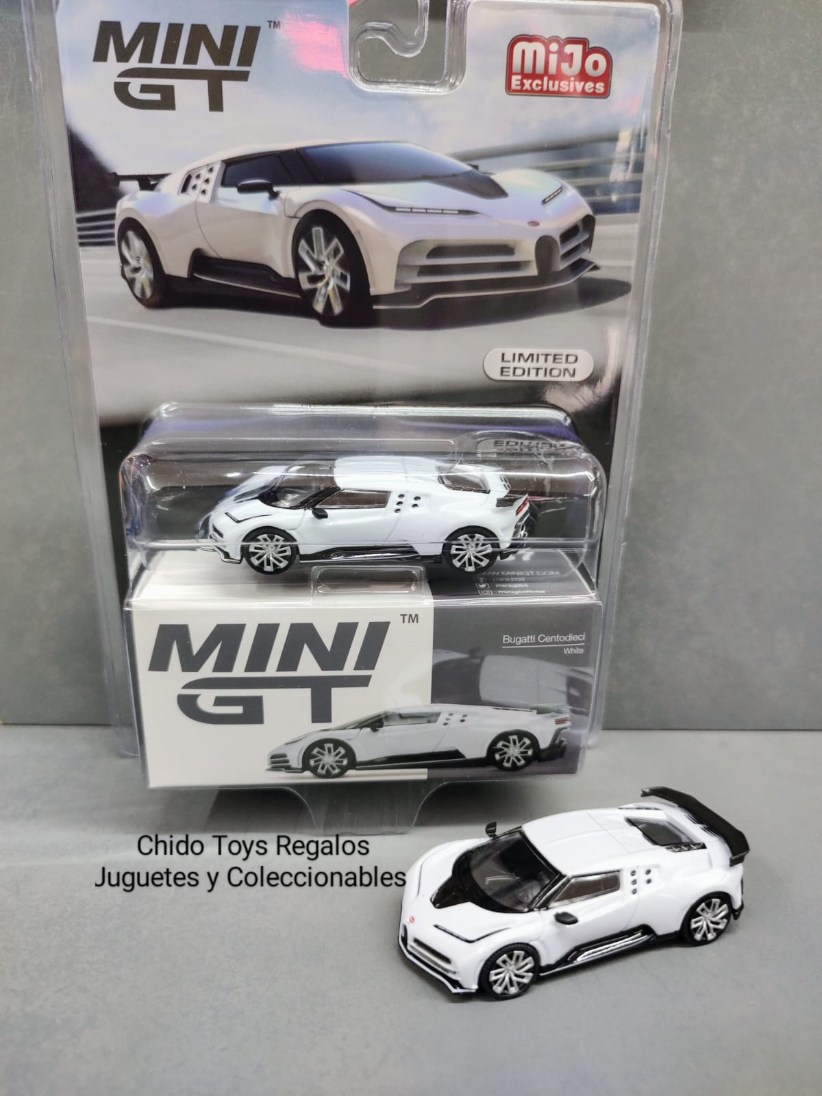 Mini GT Bugatti Centodieci MiJo 1:64 blanco edición limitada - Chido Toys
